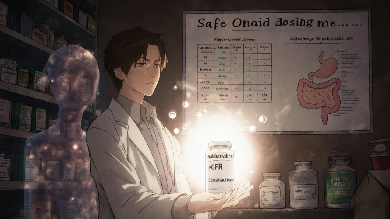 A clinician holding a glowing naldemedine pill as other laxatives dim, with a patient&#039;s digestive system showing reduced constipation bubbles.