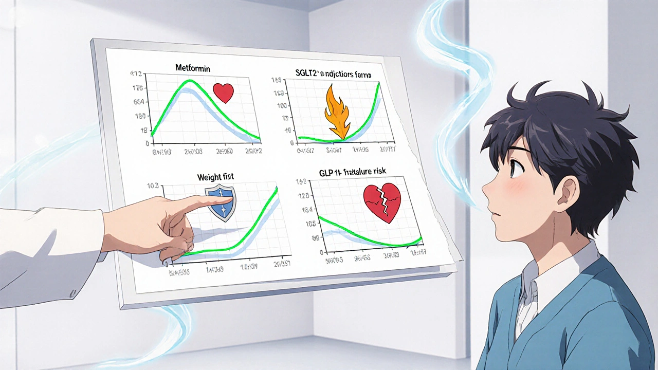 A floating medical chart comparing diabetes drugs with animated graphs and a doctor guiding a patient.