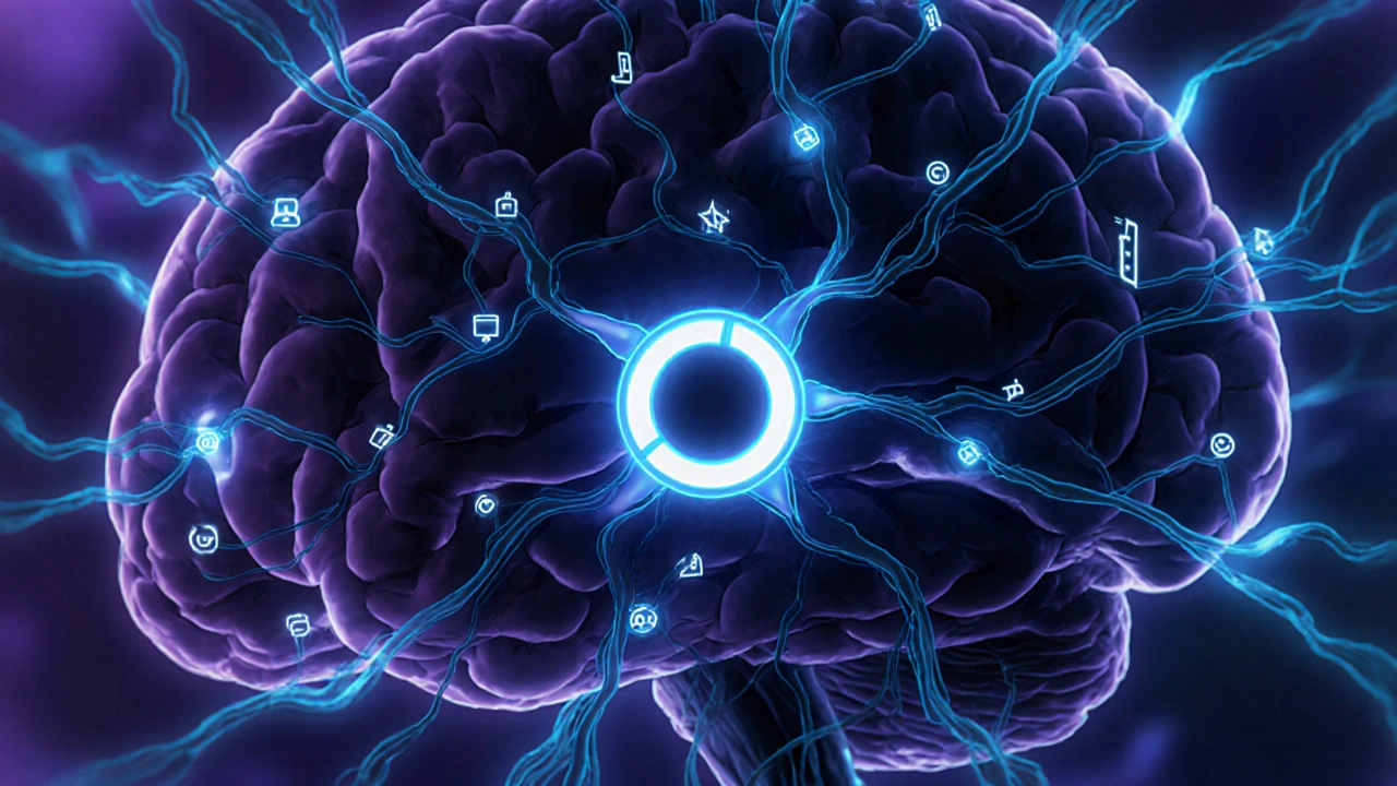 Animated brainstem with glowing pathways showing a volume knob being turned down.