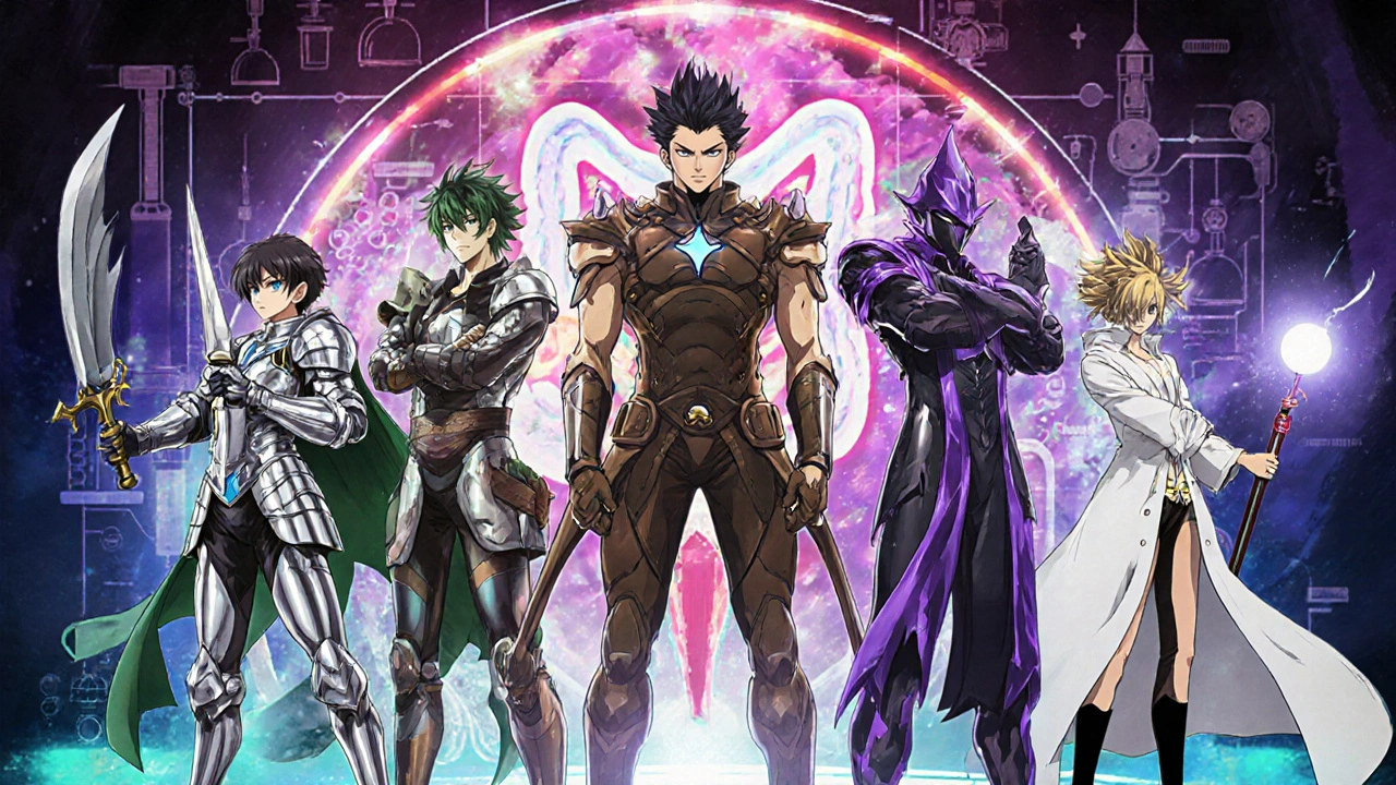 Anime characters representing six immunosuppressant drugs grouped together.