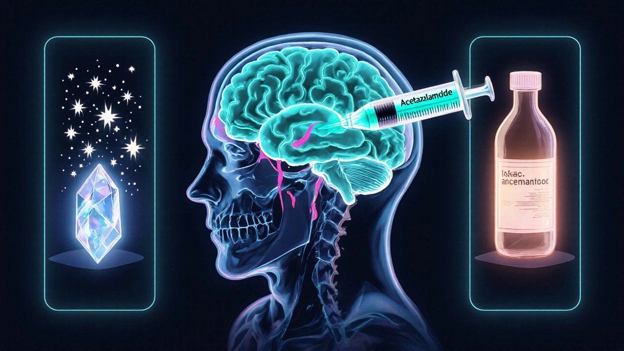 Anime illustration of acetazolamide blocking carbonic anhydrase, reducing CSF.