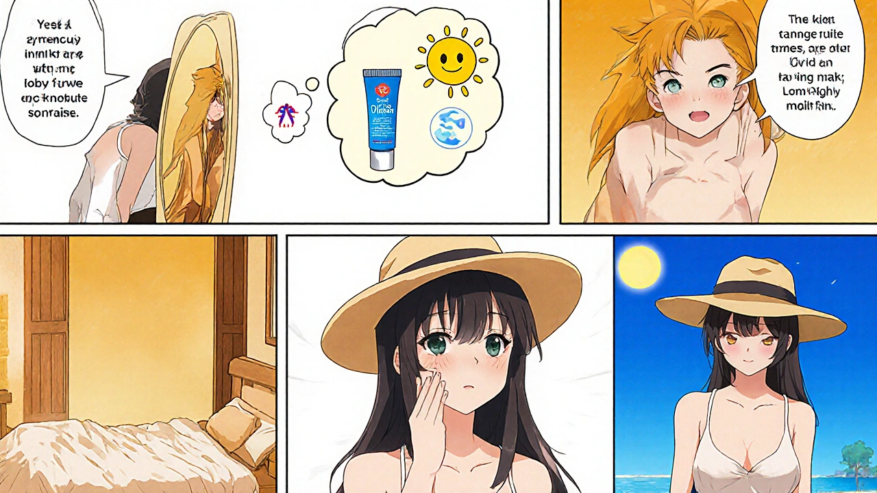 Anime protagonist follows a skincare decision path, applying retinoid, moisturizer, and sunscreen.