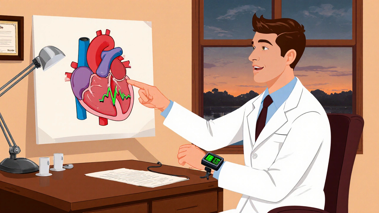 Cardiologist shows heart diagram while patient does Valsalva with a monitor.