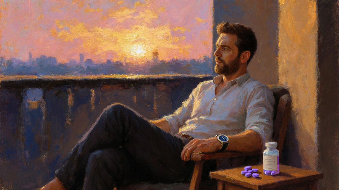 Casual man on a sunset balcony, relaxed, with a pill bottle on the table, suggesting convenient ED treatment.