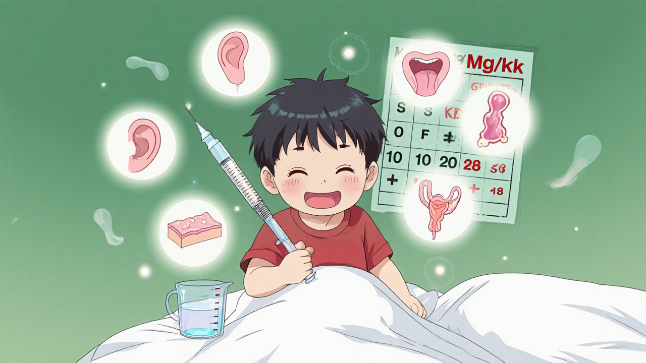 Child with dosing syringe surrounded by icons of ear, throat, skin, and urinary infections.