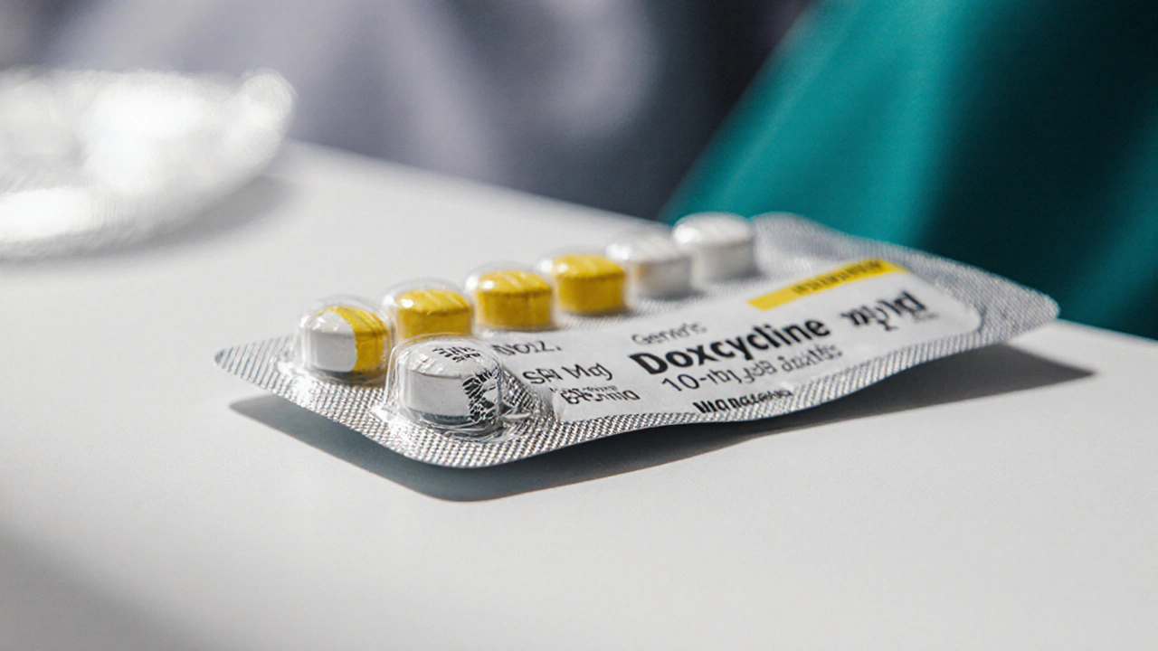 Close-up of a doxycycline blister pack showing tablets, dosage info, and TGA registration details.