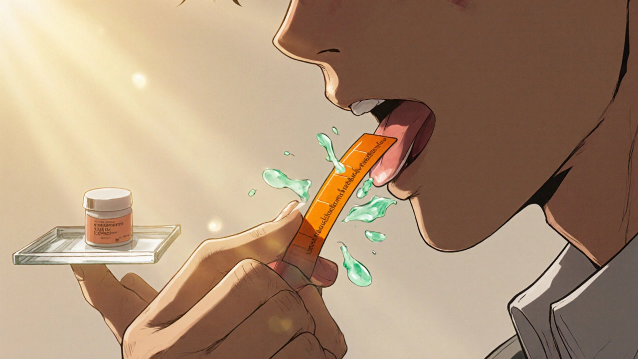 Close-up of Tastylia OD strip dissolving on tongue beside a tablet.