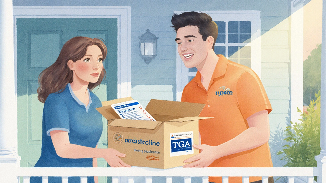 Courier delivering a pharmacy box to a happy homeowner, displaying the medication and checklist.