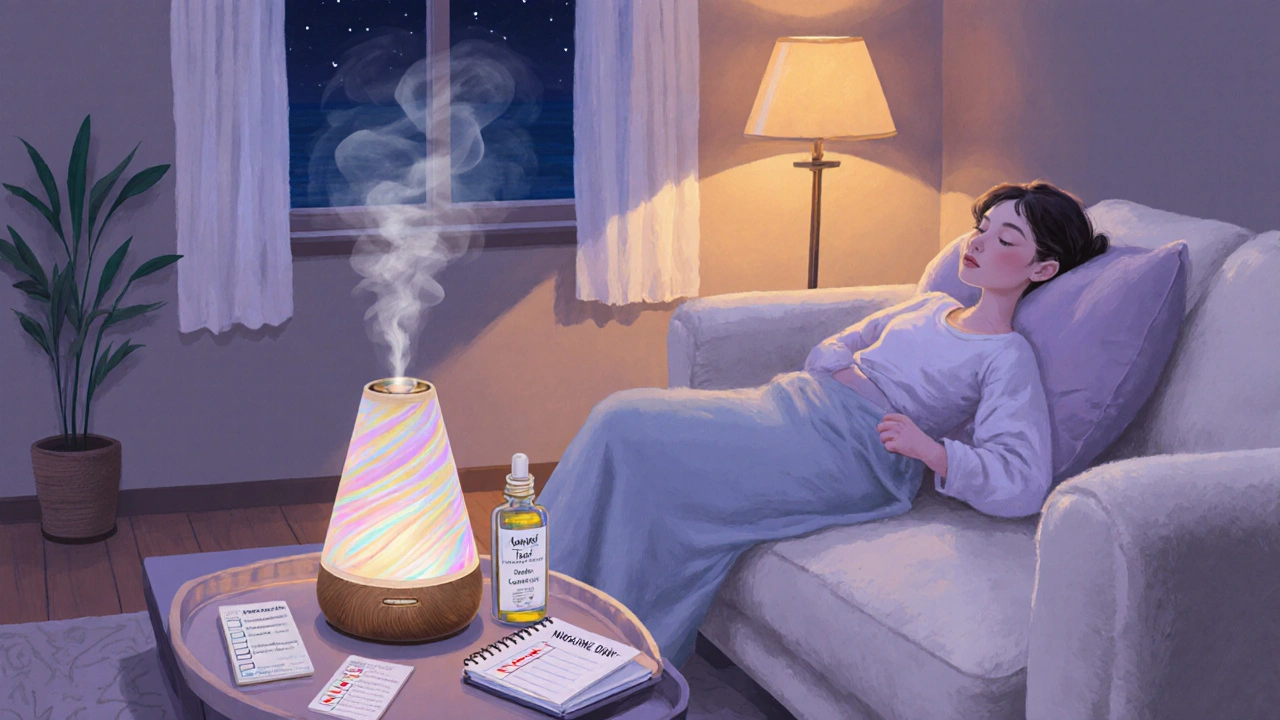 Cozy living room scene with relaxed person, diffuser mist, carrier oil, and migraine diary.