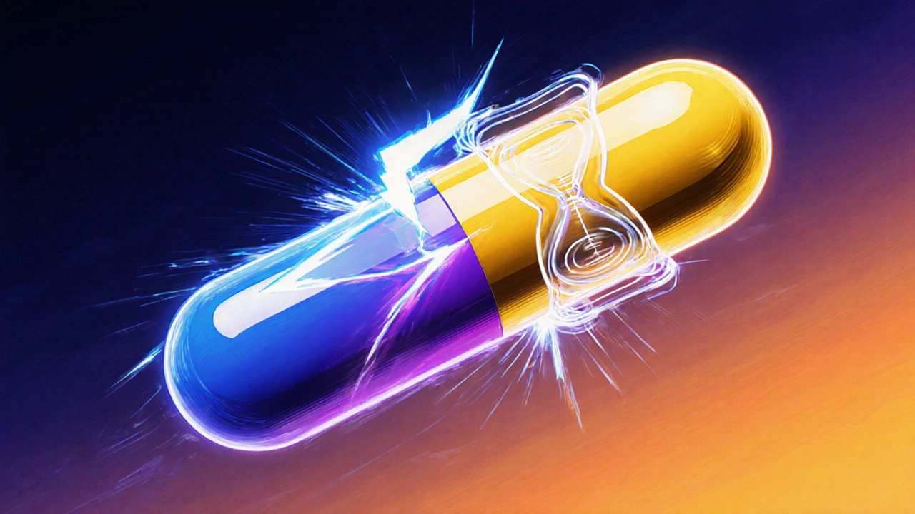 Diagram of blue and yellow pills merging into a purple pill, symbolizing quick onset and long duration.