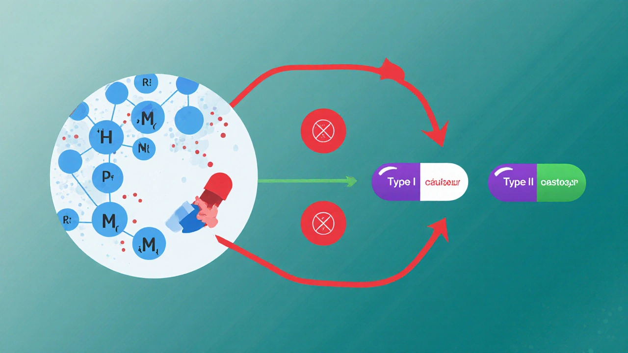 Diagram showing testosterone converting to DHT, blocked by dutasteride at both enzyme types.
