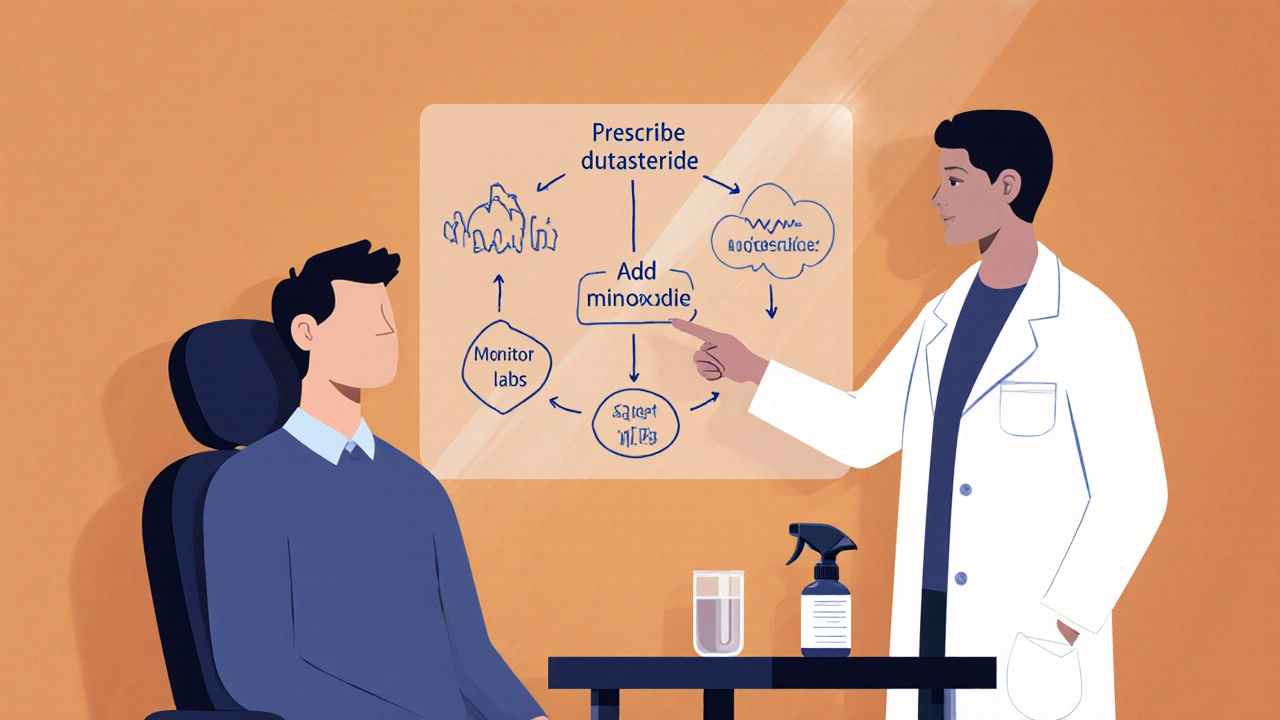 Doctor and patient discuss treatment options in a cozy office, with dutasteride and minoxidil visible.