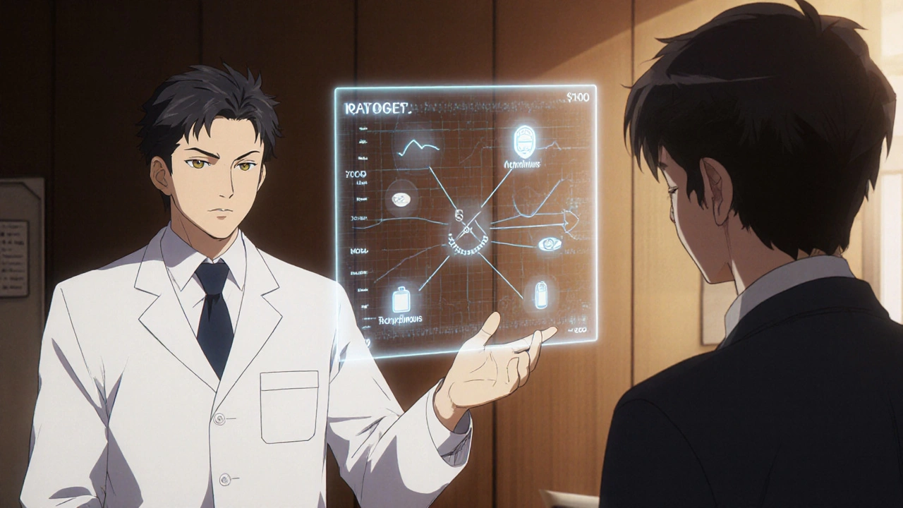 Doctor and patient discussing treatment options with holographic drug icons.