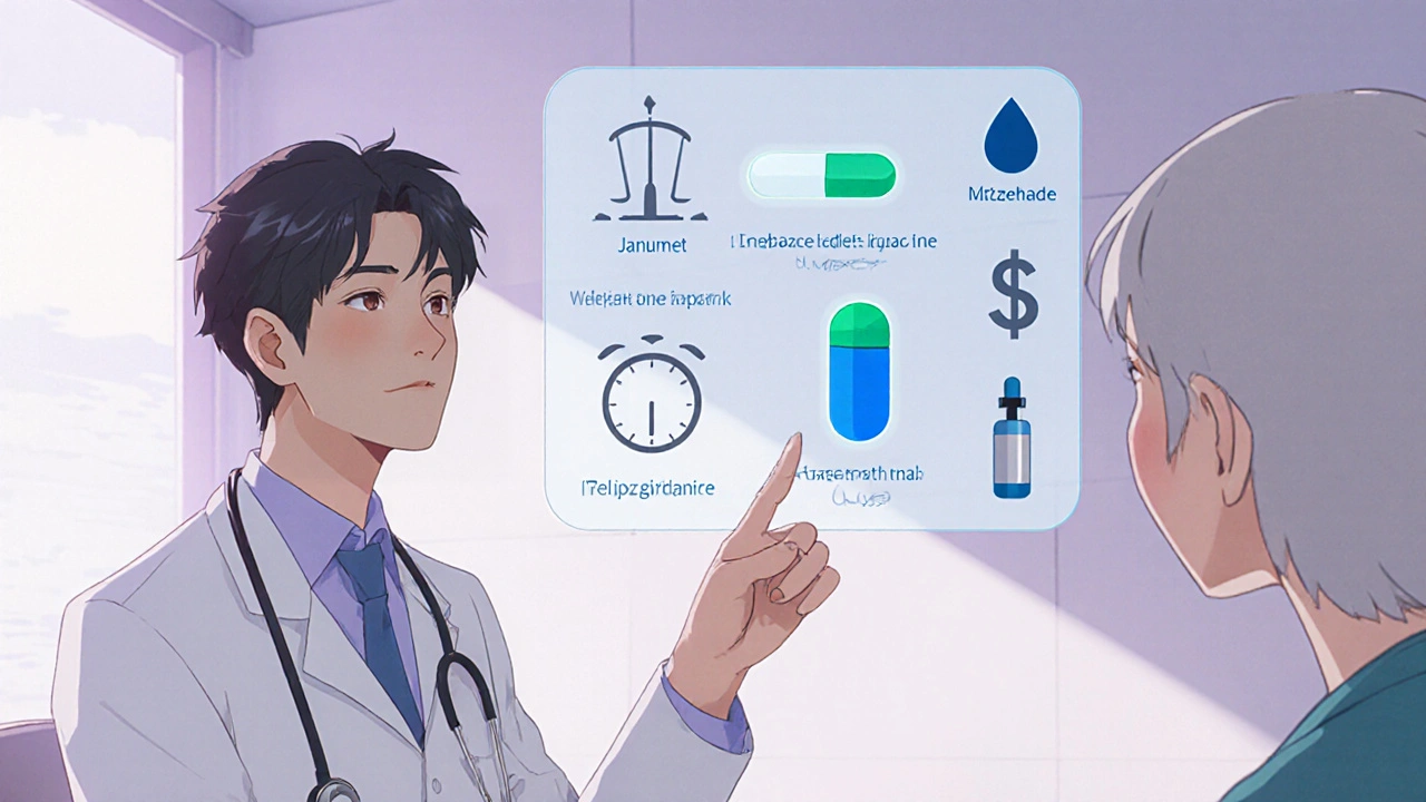 Doctor and patient reviewing diabetes medication options with floating icons of alternatives.