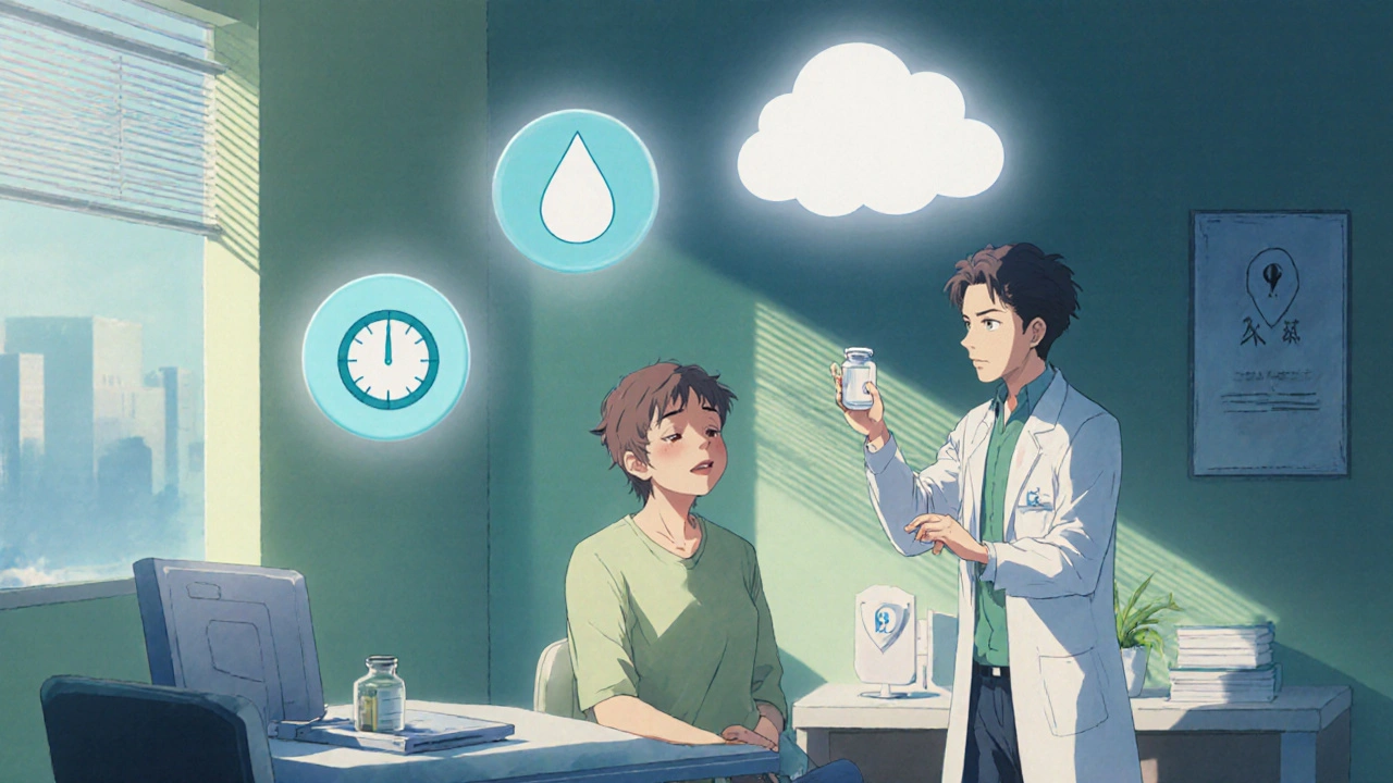 Doctor showing pill and heart icons to patient as migraine cloud fades in a clinic.