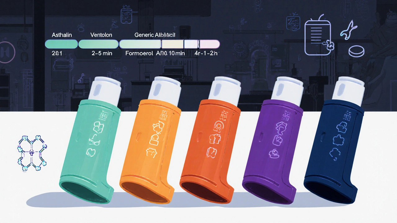 Five inhalers displayed side by side with color‑coded onset and duration bars.