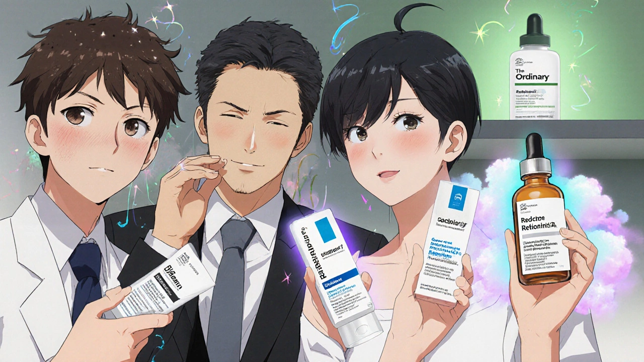 Four anime characters each holding a different retinoid product representing acne, aging, and sensitive skin.