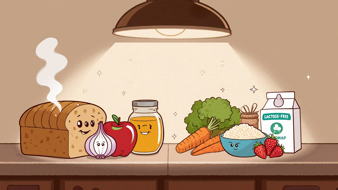 High‑FODMAP foods looking wilted beside happy low‑FODMAP alternatives on a kitchen counter.