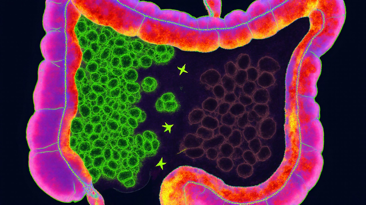 Intestinal cross‑section showing reduced beneficial bacteria and inflamed gut.