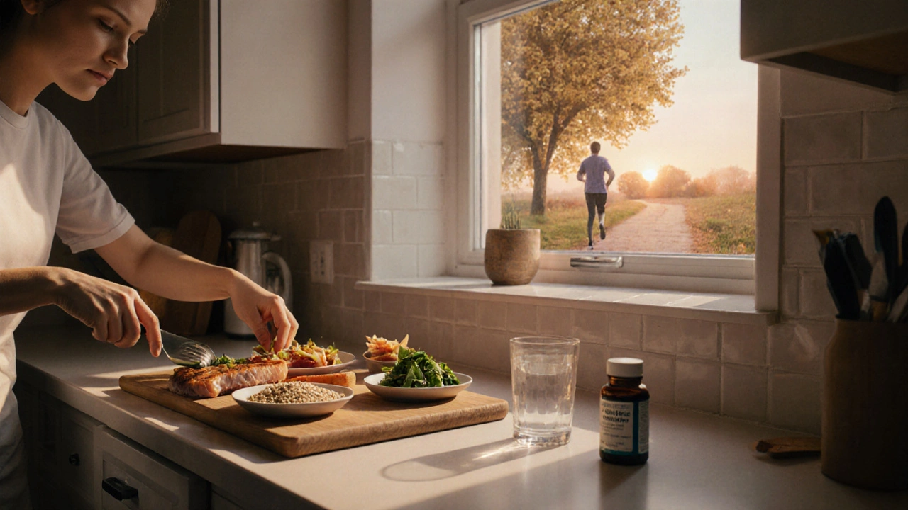 Kitchen with small meals, water, probiotics; person walking at sunset.