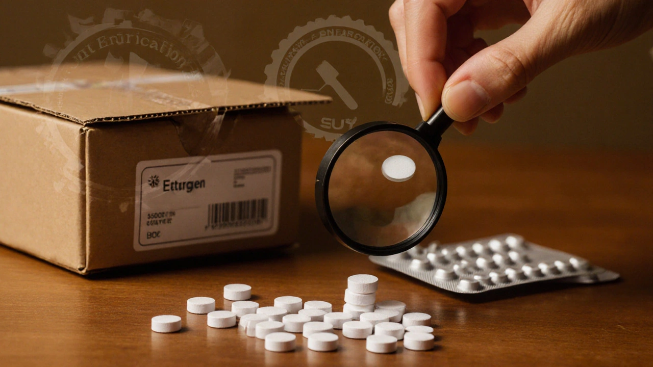 Opened package with estrogen pills being examined under a magnifying glass