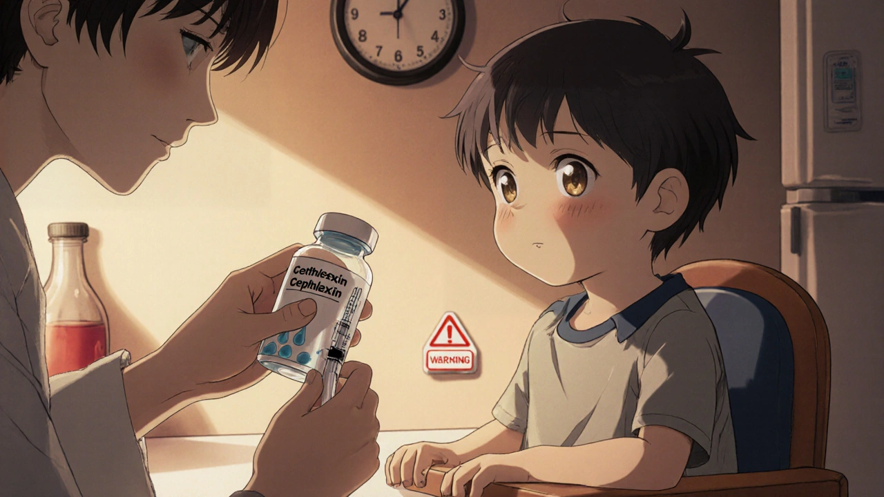 Parent measures cephalexin with syringe for toddler in a warm kitchen setting.