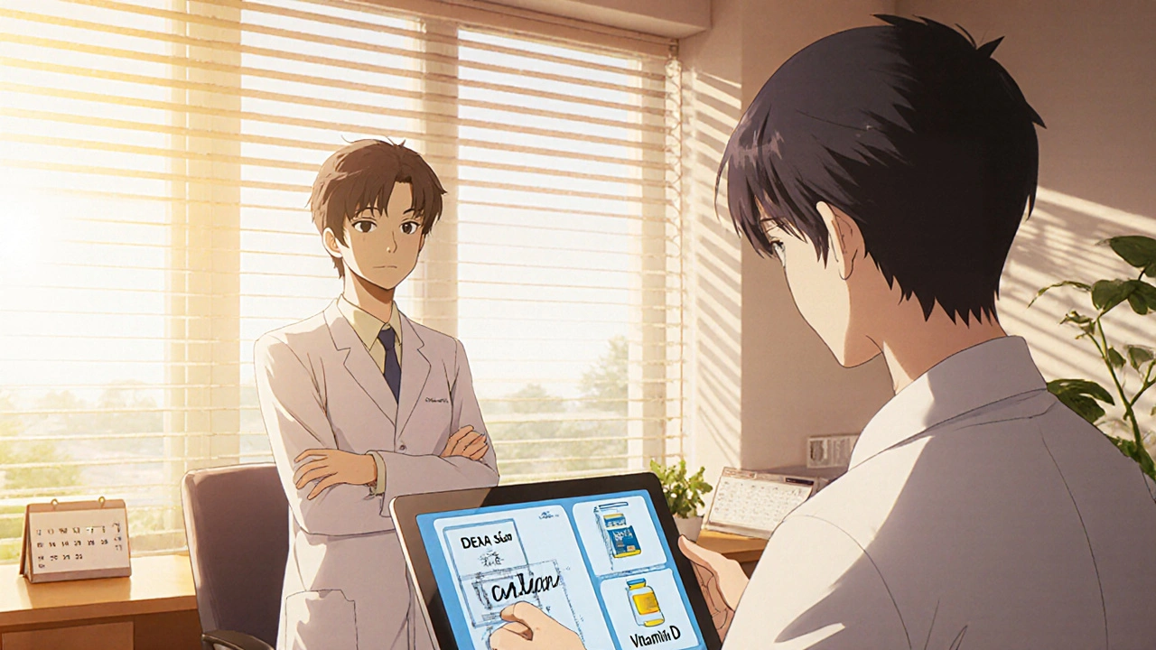 Patient and doctor reviewing treatment icons in a sunny consultation room.