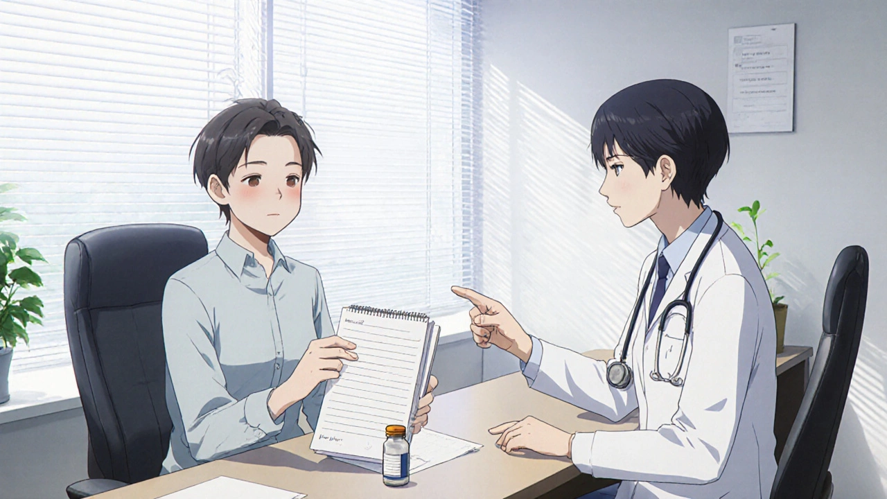 Patient and neurologist discussing medication over a notebook in a bright clinic.