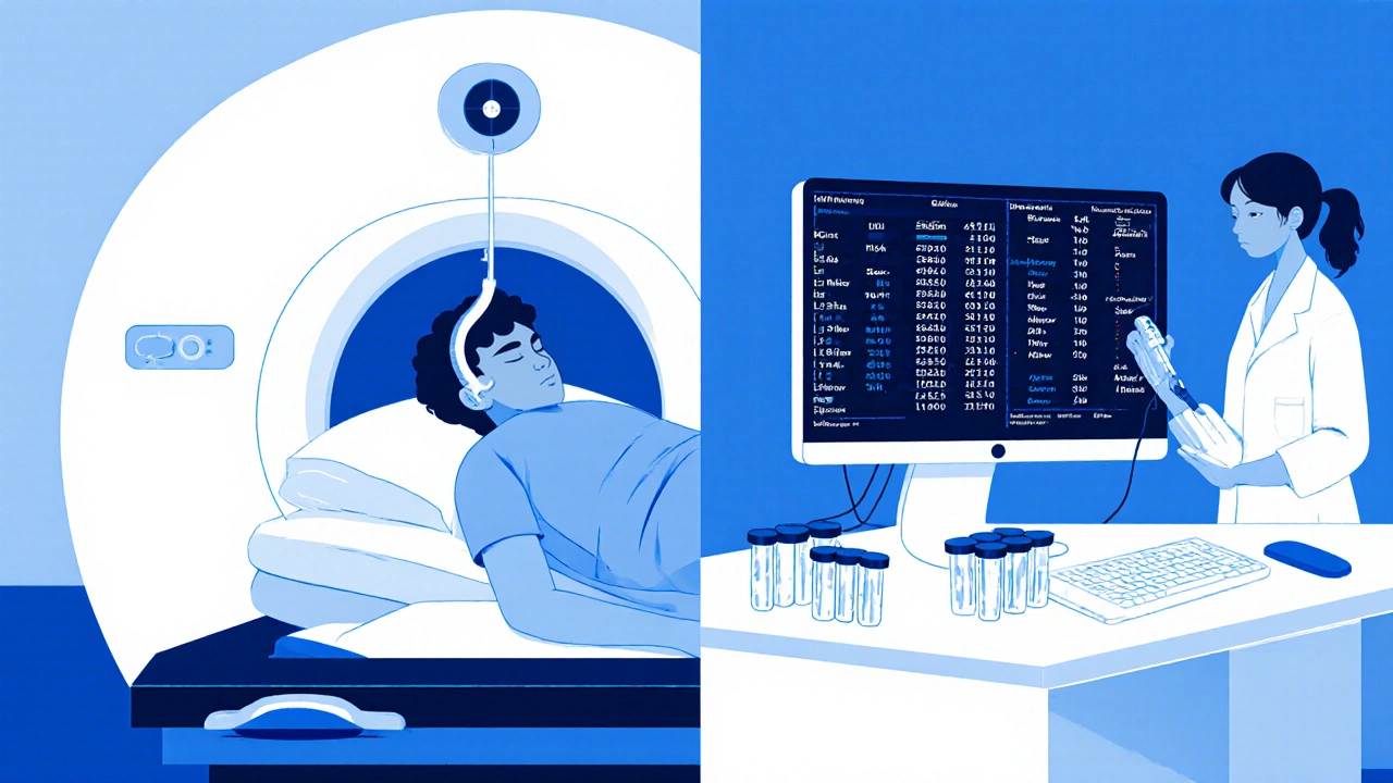 Patient undergoing MRI and Doppler ultrasound while lab tech prepares blood samples, shown in a medical illustration.