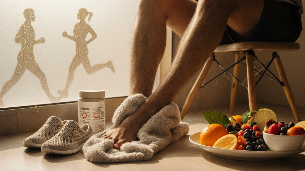 Person drying feet, surrounded by breathable shoes, antifungal powder, and healthy foods.