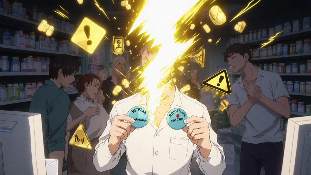 Pharmacist holding methadone and ritonavir pills as a CYP enzyme chain breaks with warning symbols.