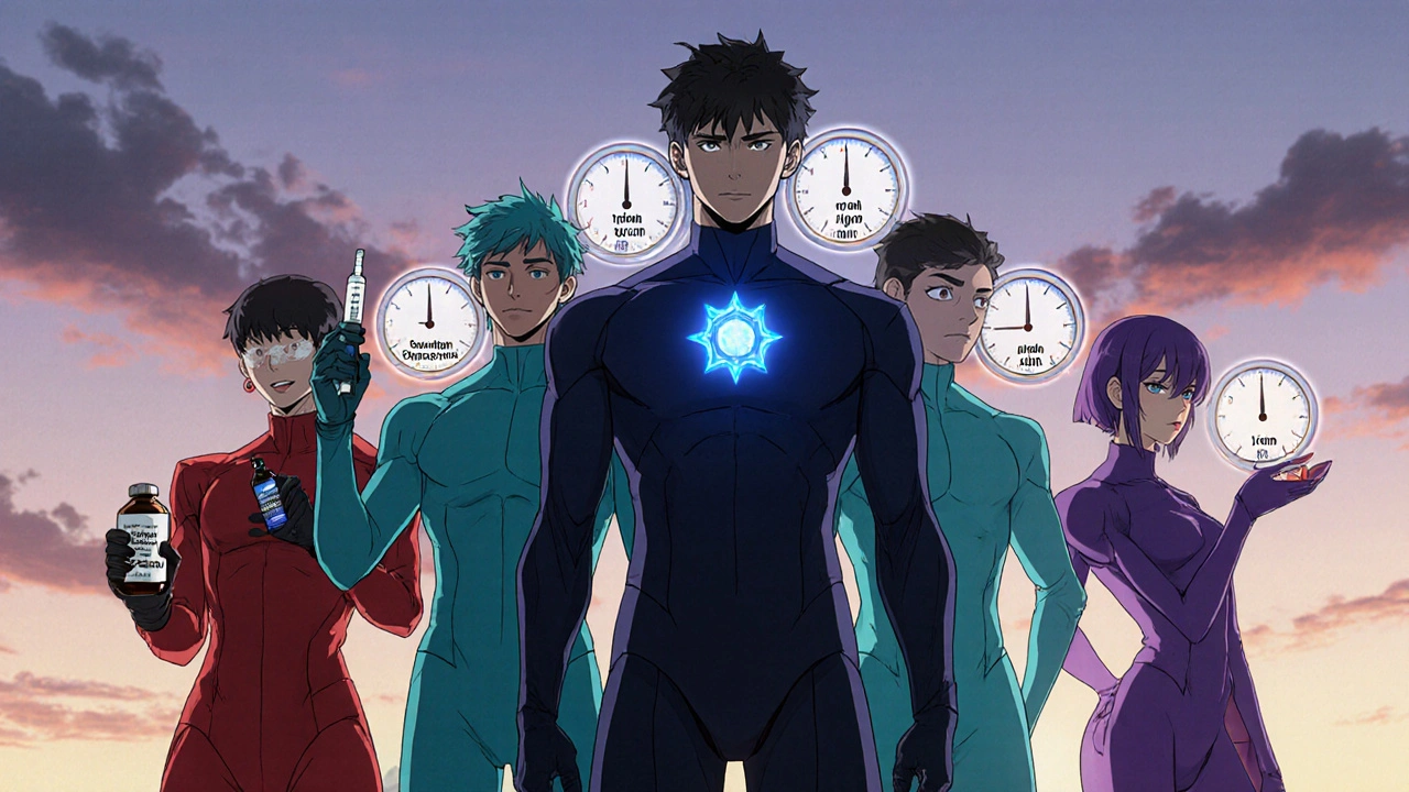 Six characters representing different migraine drugs, each with a clock showing onset speed.