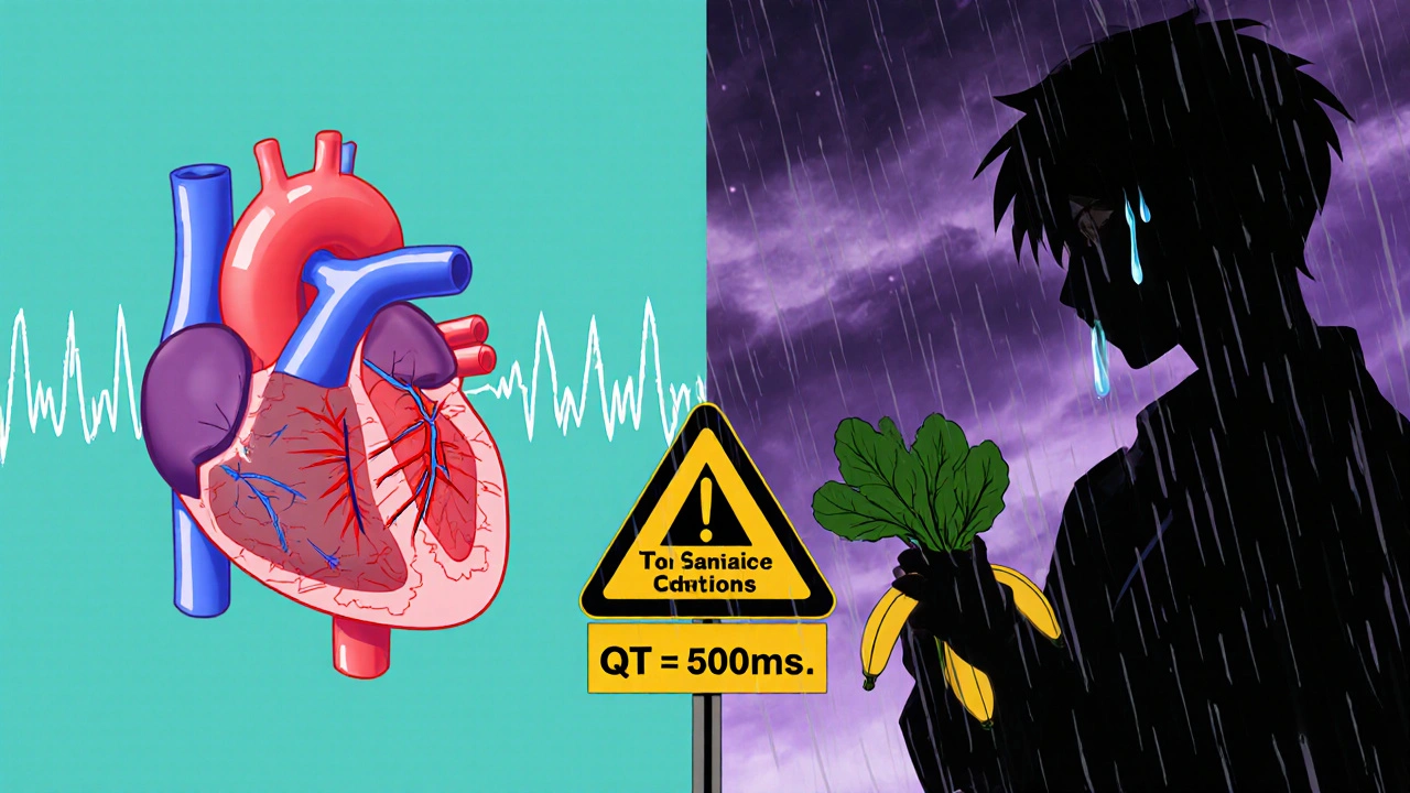 Split heart image: healthy vs. arrhythmic, with patient holding potassium-rich foods and warning text.