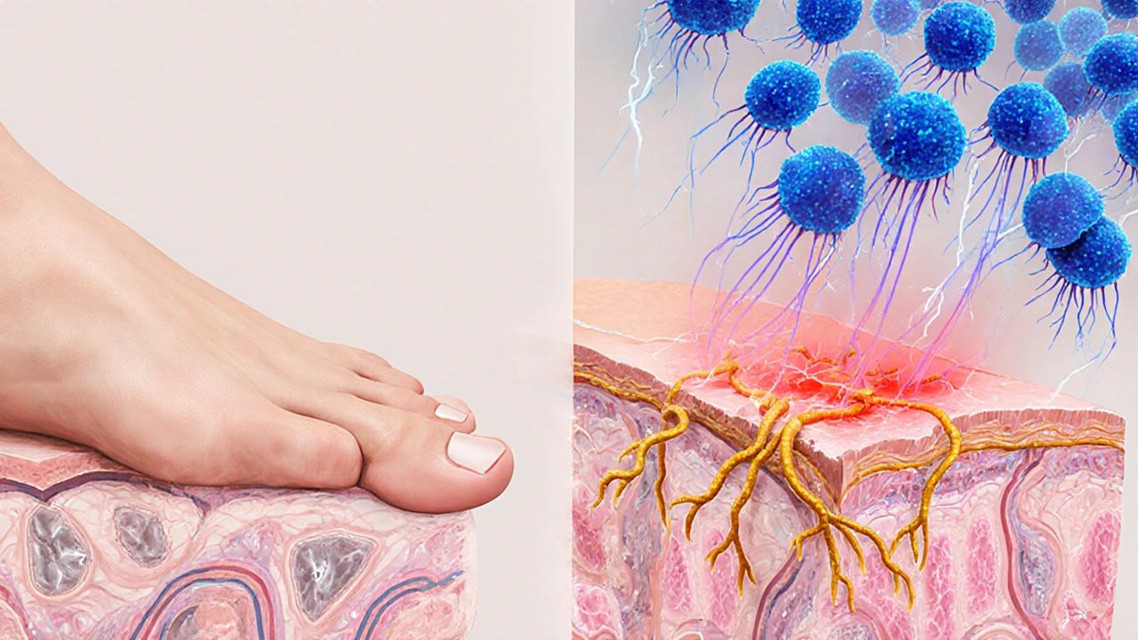 Split illustration of healthy foot versus fungal infection with immune cells attacking.