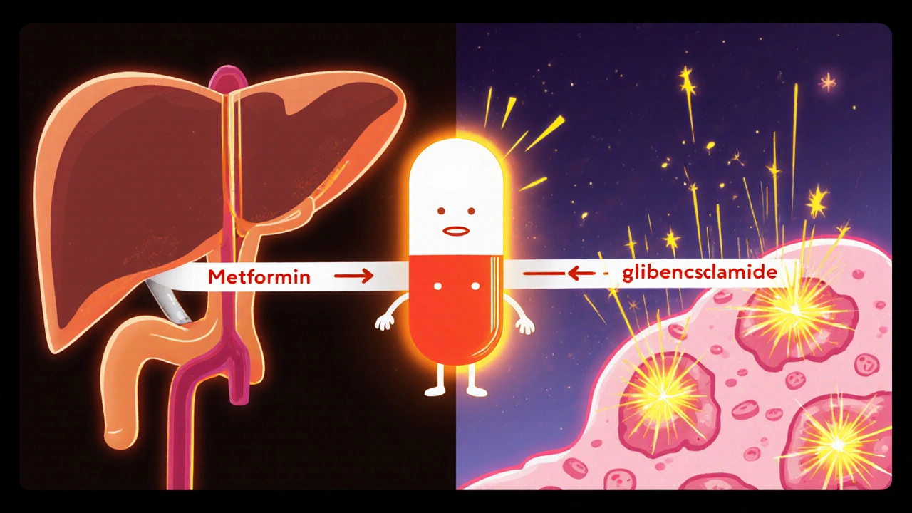 Split illustration showing liver glucose suppression and pancreatic insulin release linked by Glucovance.