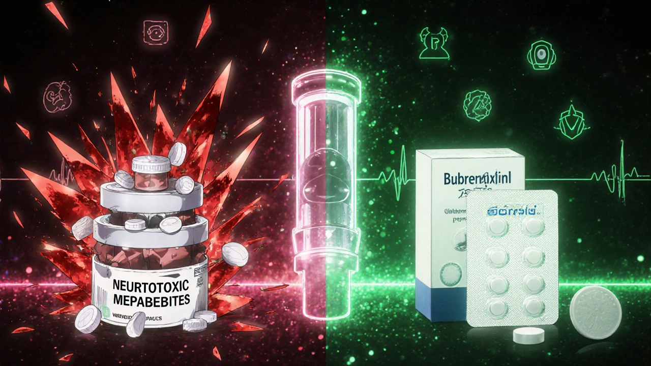 Split scene: dangerous opioid pills exploding in red vs. safe fentanyl and buprenorphine glowing green, with a kidney filter separating them.
