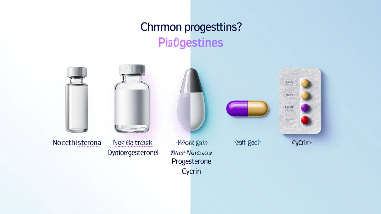 Split‑screen visual of six progestin forms with colored auras indicating side‑effects.