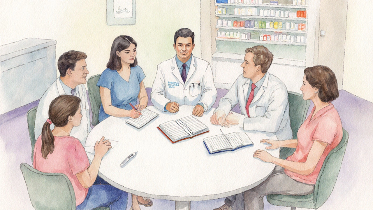 Team of doctors, pharmacist, and social worker discussing care with teen patient and parent around a table.