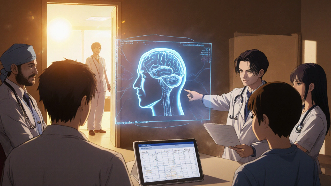 Team reviewing stable ICP on a holographic brain model, patient recovering.