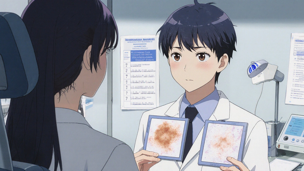 Teen patient and doctor reviewing photo logs showing vitiligo repigmentation progress over months.