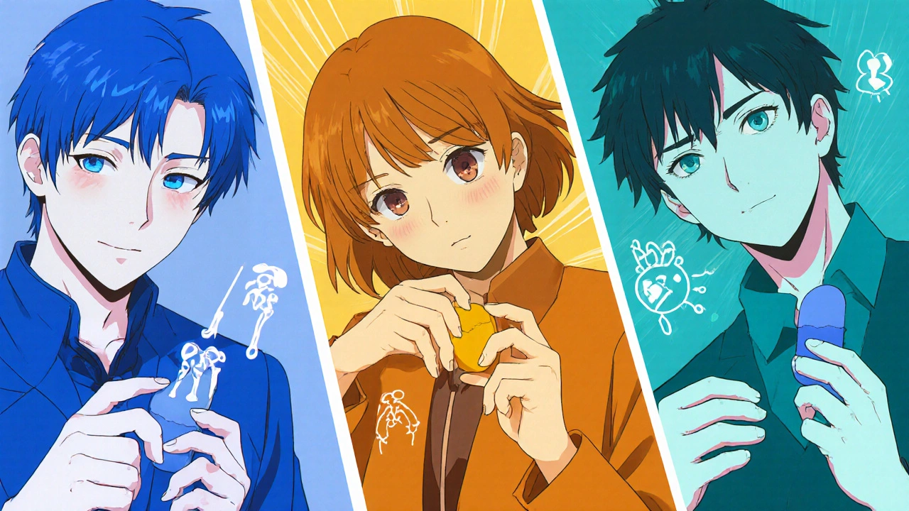 Three anime characters with pills, surrounded by joint, bone, and heat symbols.
