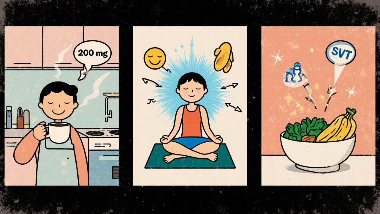 Three-panel cartoon of coffee limit, deep breathing, and potassium‑rich foods.