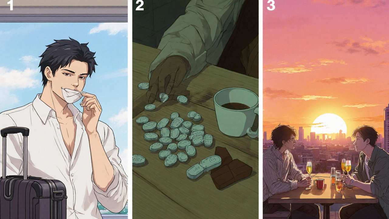 Travel montage comparing strip use on the go and tablet use at home.