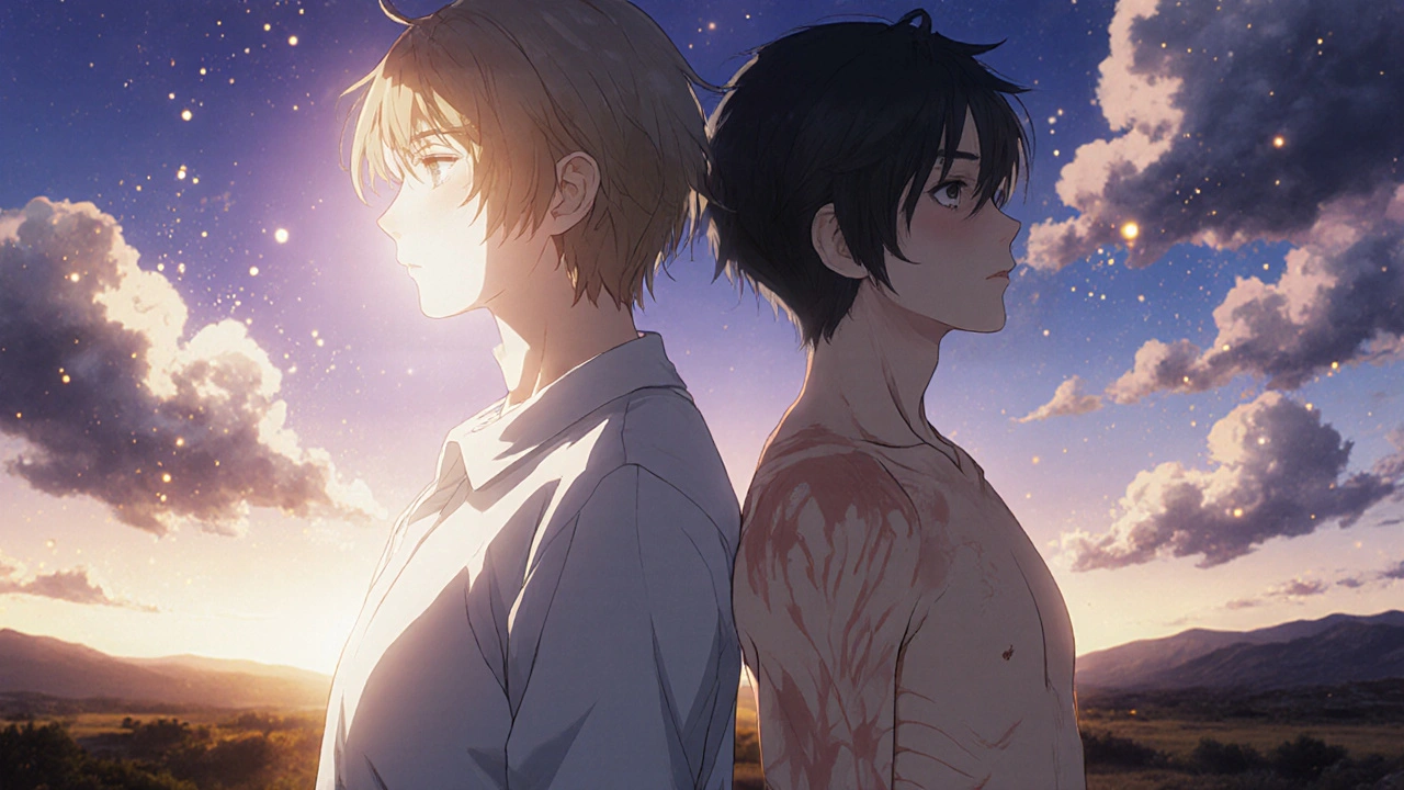 Two figures symbolizing treatment success and side effects, one glowing with restored color, the other with thin skin and stretch marks.