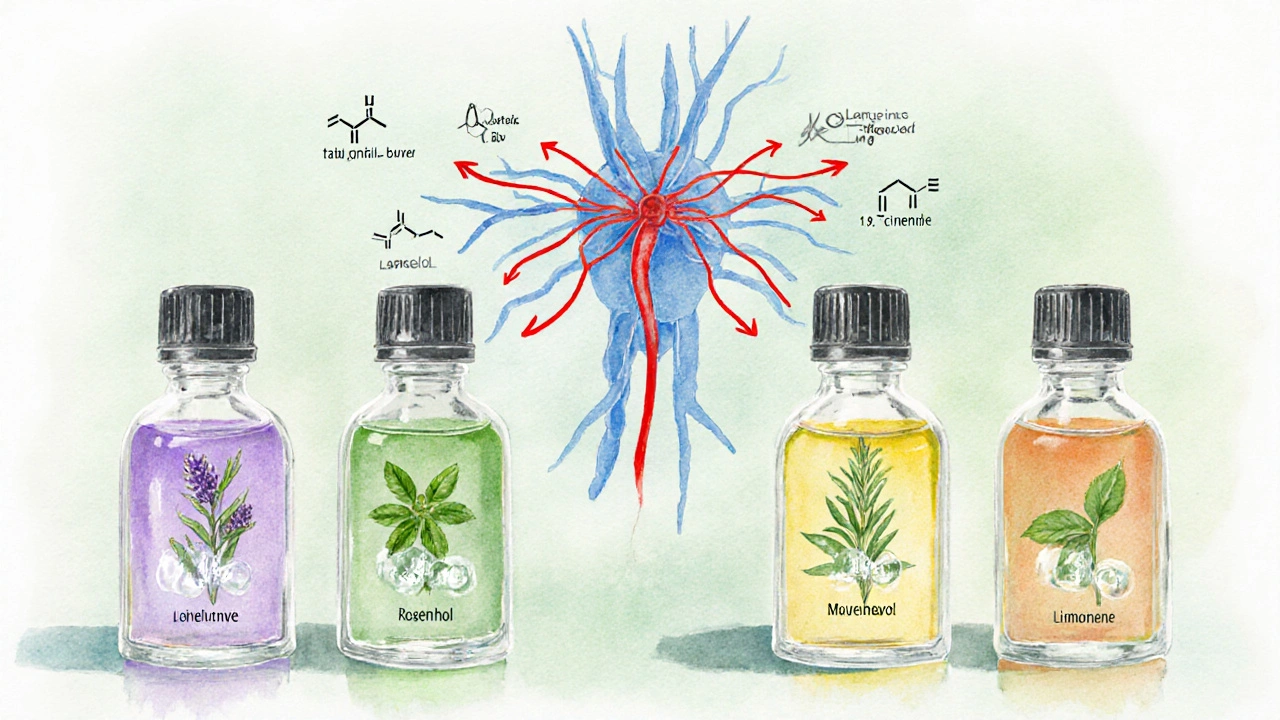 Watercolor illustration of five essential‑oil bottles, their compounds, and a calming trigeminal nerve.