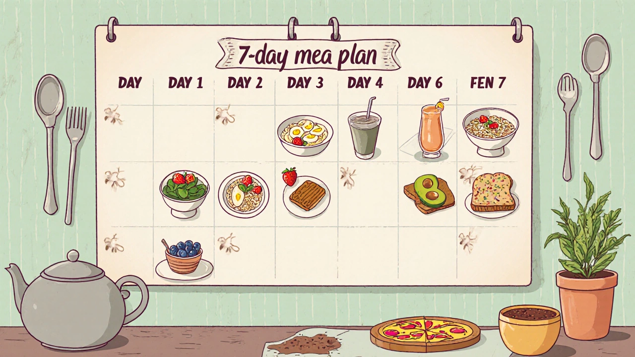 Weekly calendar showing colorful low‑FODMAP meals in a vintage cartoon kitchen.