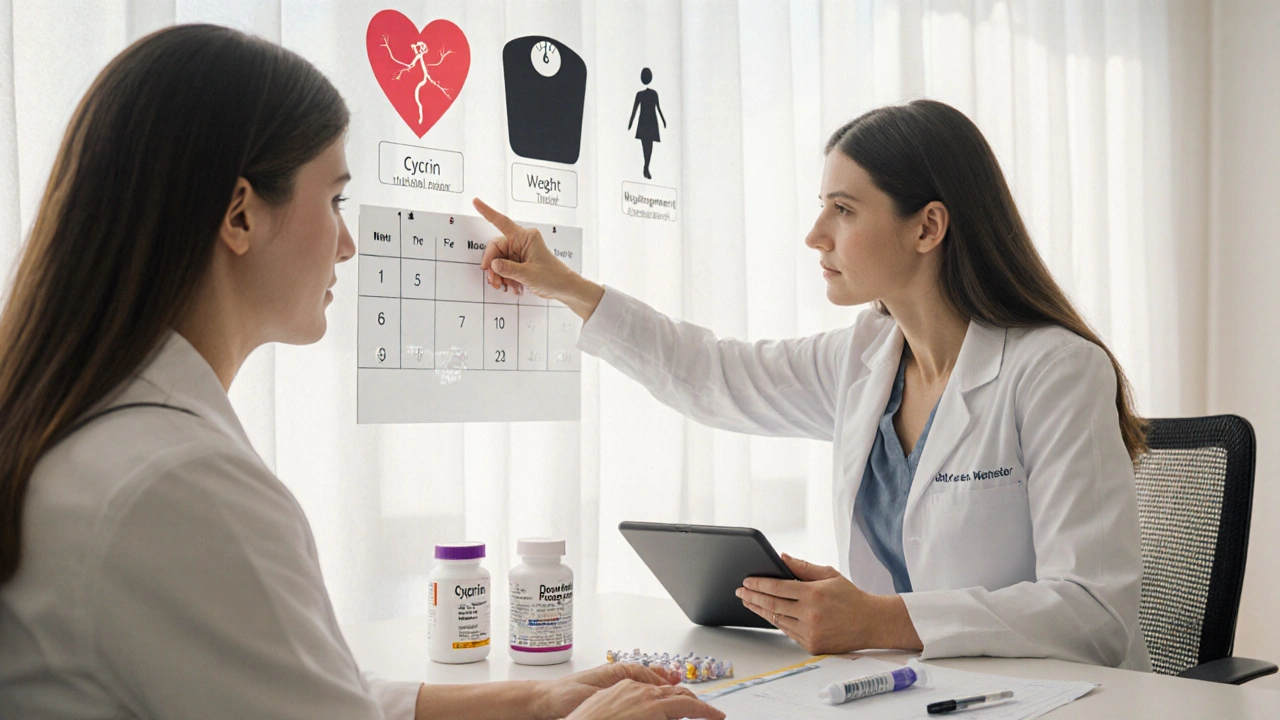 Woman discussing hormone options with doctor, surrounded by symbols of heart, weight, and schedule.