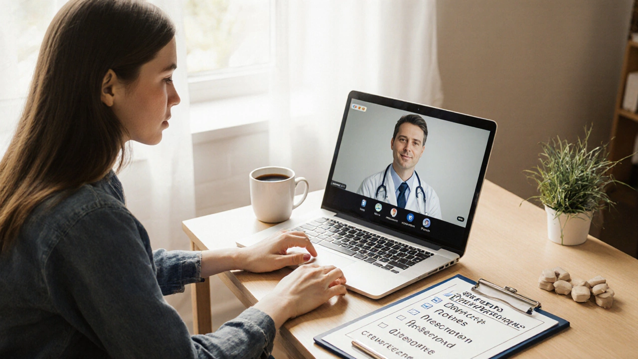 Woman video‑consulting a doctor on a laptop while reviewing an online pharmacy checklist