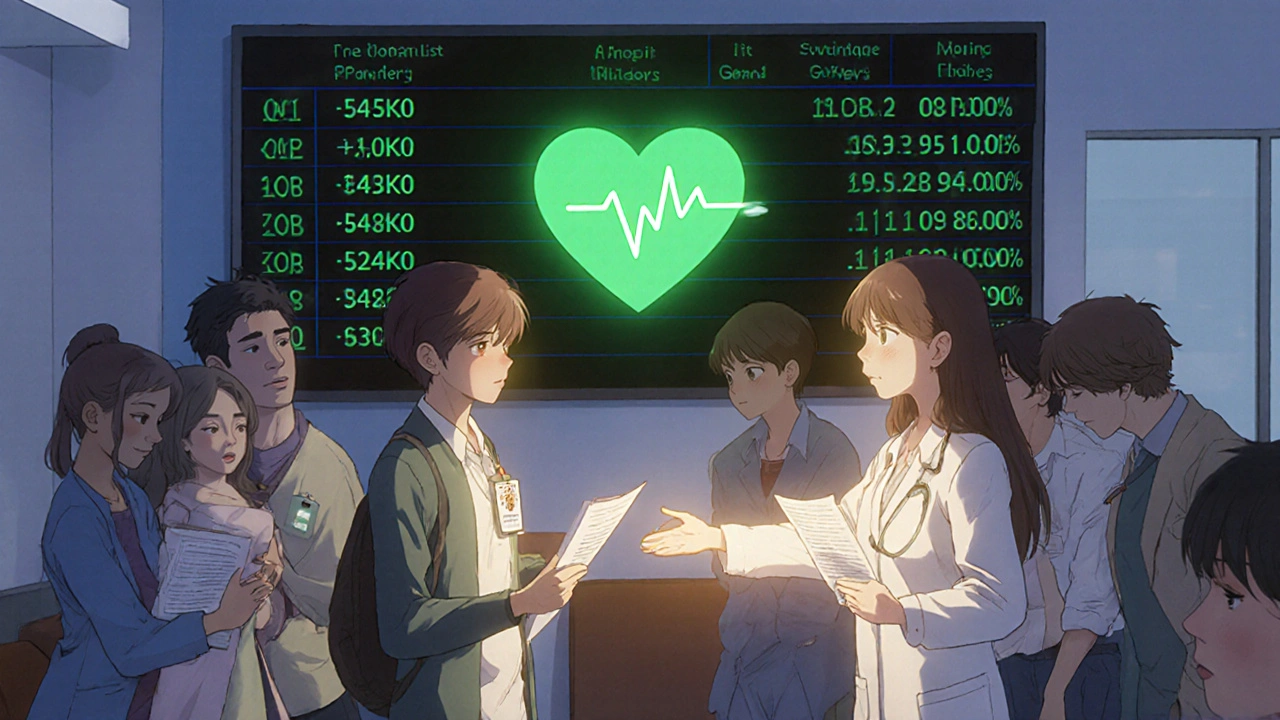 A diverse group in a hospital waiting room with a digital transplant list on screen, one person reaching toward a potential donor.
