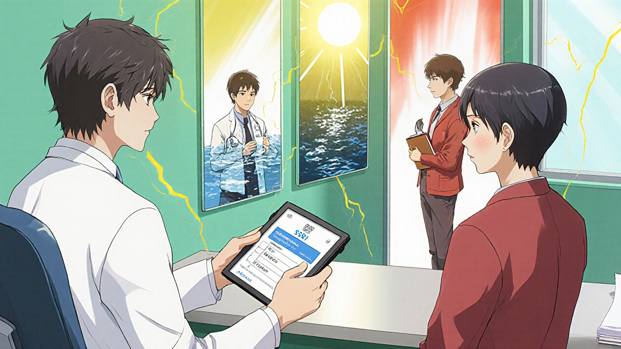 A doctor and patient in a clinic, with a fractured mirror showing three paths: danger, dependence, and recovery.